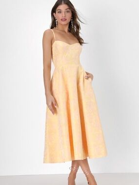 Lulus Meet For Tea Yellow Jacquard Bustier Midi Dress With Pockets - Size M